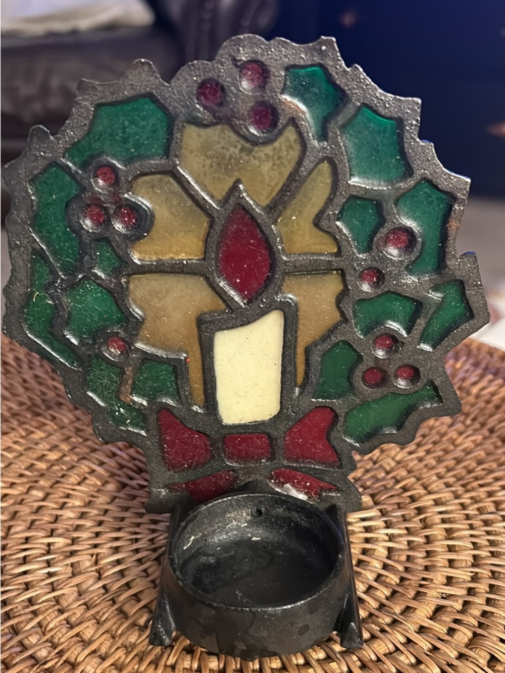 Vintage Glass Candle Tealight Holder — Green, Red & Cream 6 in tall